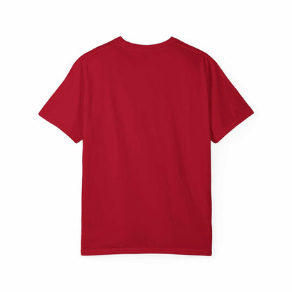 Back view of Comfort Colors® Medusa Graphic T-Shirt in red showing plain garment-dyed 100% cotton fabric with double-needle stitching