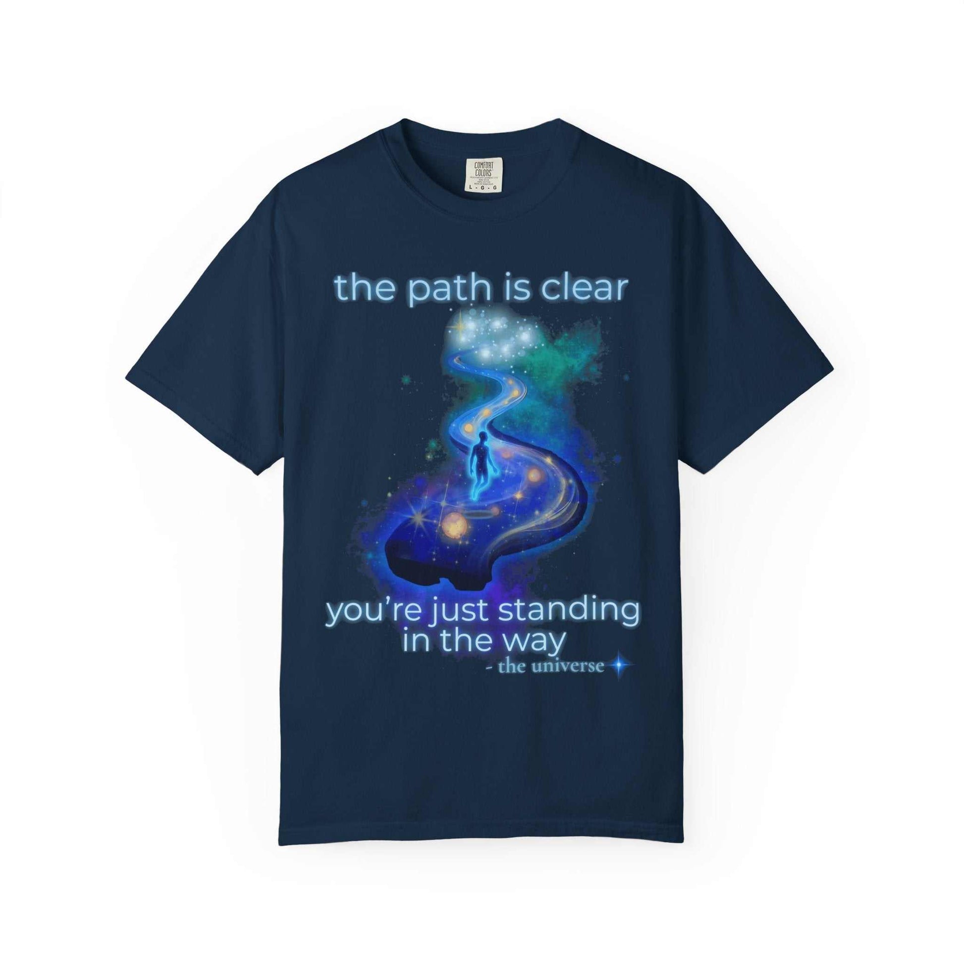 Comfort Colors navy Spiritual Path Graphic T-Shirt with cosmic design and inspirational quote "the path is clear you're just standing in the way"