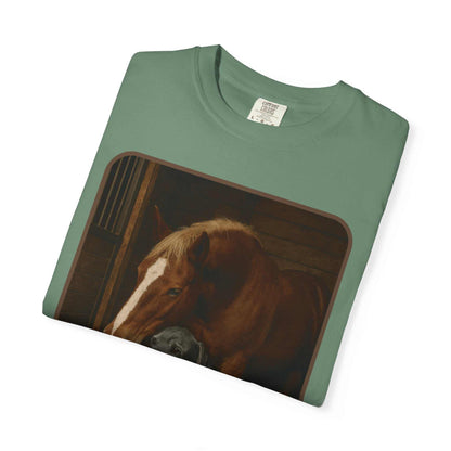 Comfort Colors 1717 Animal Rescue T-Shirt featuring horse, dog, and cat design, 100% cotton, vintage green, supporting animal rescue efforts