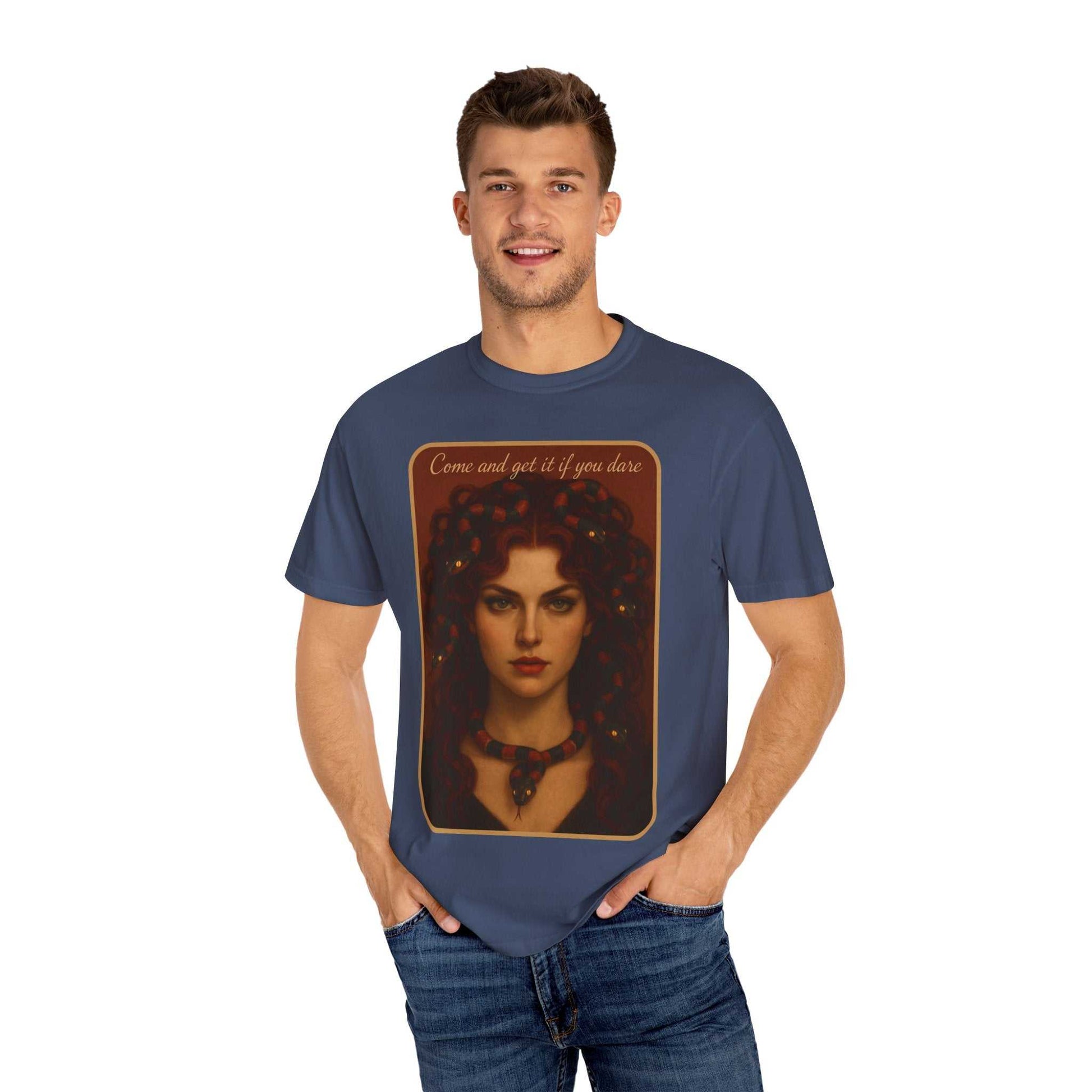 Man wearing Comfort Colors® Medusa Graphic T-Shirt navy blue with "Come and Get It" design featuring Medusa portrait