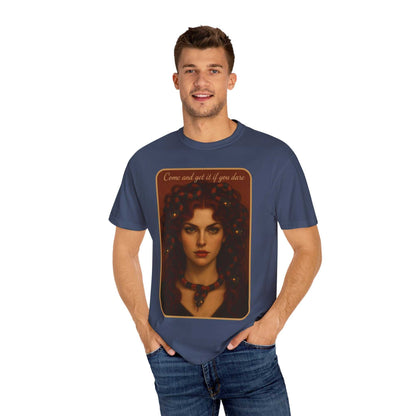 Man wearing Comfort Colors® Medusa Graphic T-Shirt navy blue with "Come and Get It" design featuring Medusa portrait