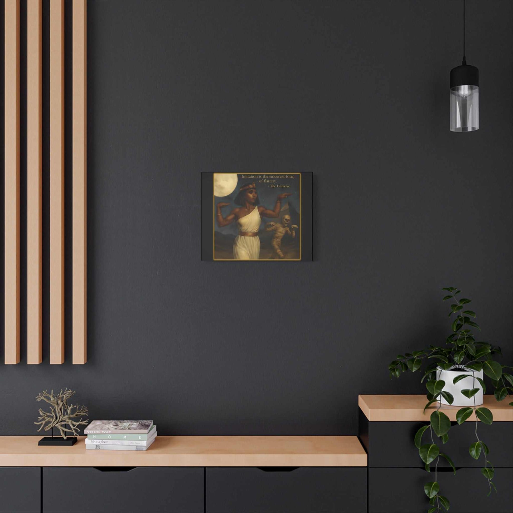 Modern home interior with dark wall, art print of a woman and moon, stylish decor, plants