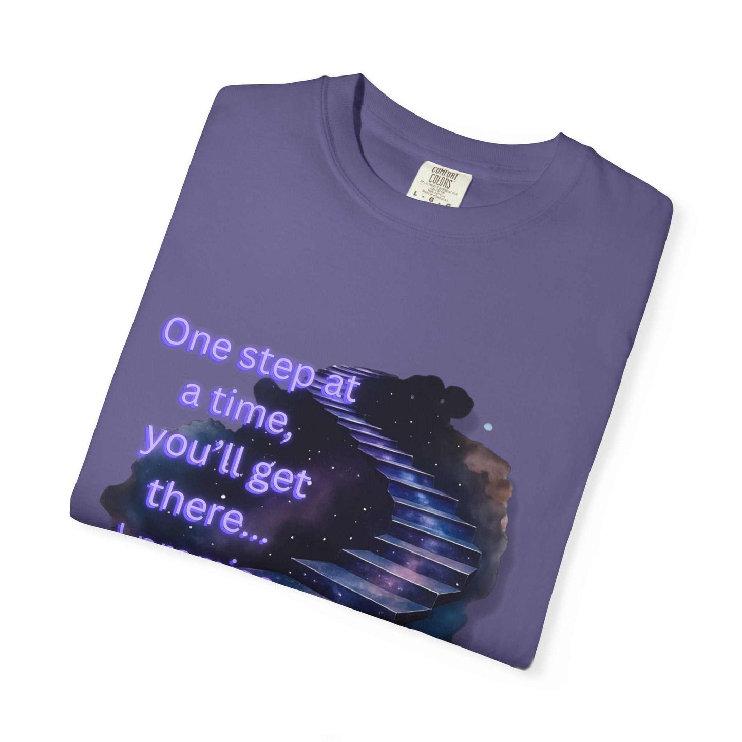 Comfort Colors purple Motivational Stairway T-Shirt with starry staircase and "One step at a time, you'll get there" text, garment-dyed cotton tee