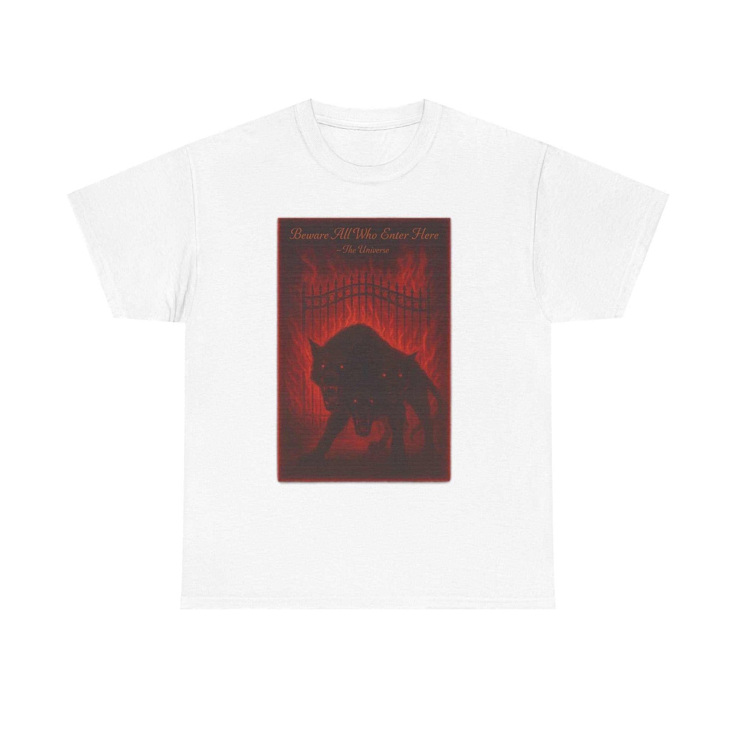 White unisex heavy cotton T-shirt featuring dark red Cerberus Guard mythical creature design
