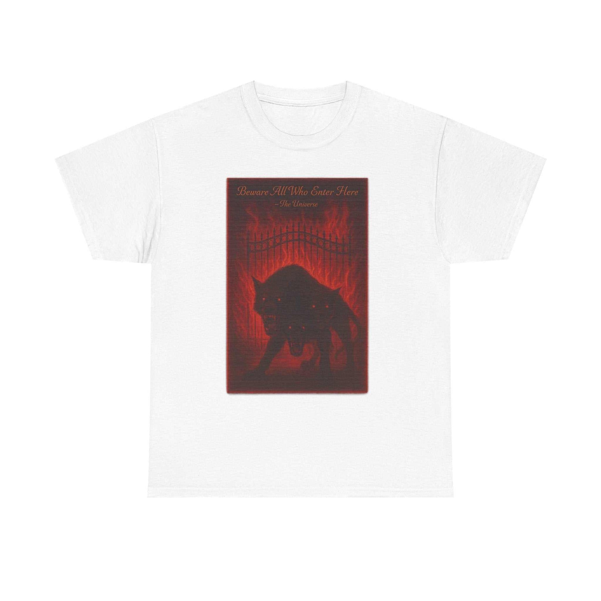 White unisex heavy cotton T-shirt featuring dark red Cerberus Guard mythical creature design