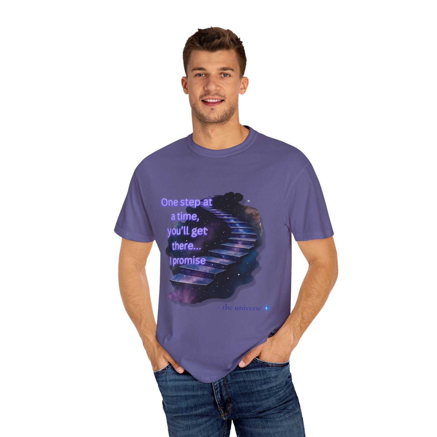 Man wearing purple Comfort Colors Motivational Stairway T-Shirt with starry staircase and motivational quote on front