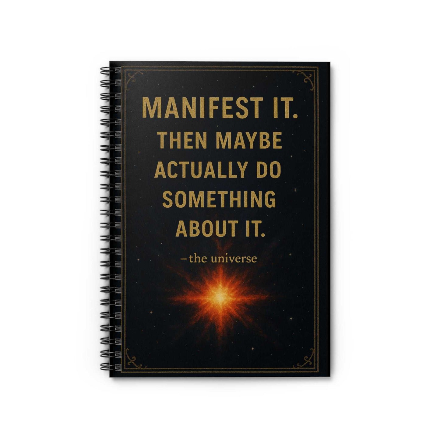Manifest It Spiral Notebook motivational journal with gold lettering and black matte cover featuring cosmic design and sturdy spiral binding