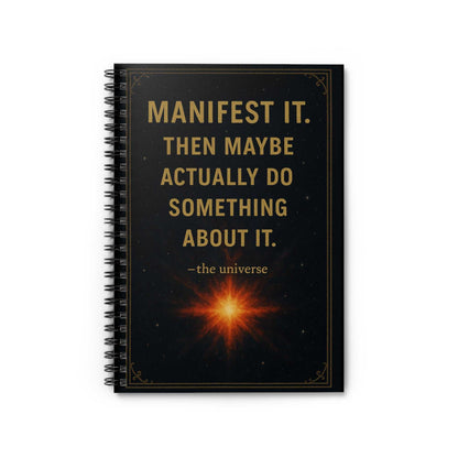 Manifest It Spiral Notebook motivational journal with gold lettering and black matte cover featuring cosmic design and sturdy spiral binding