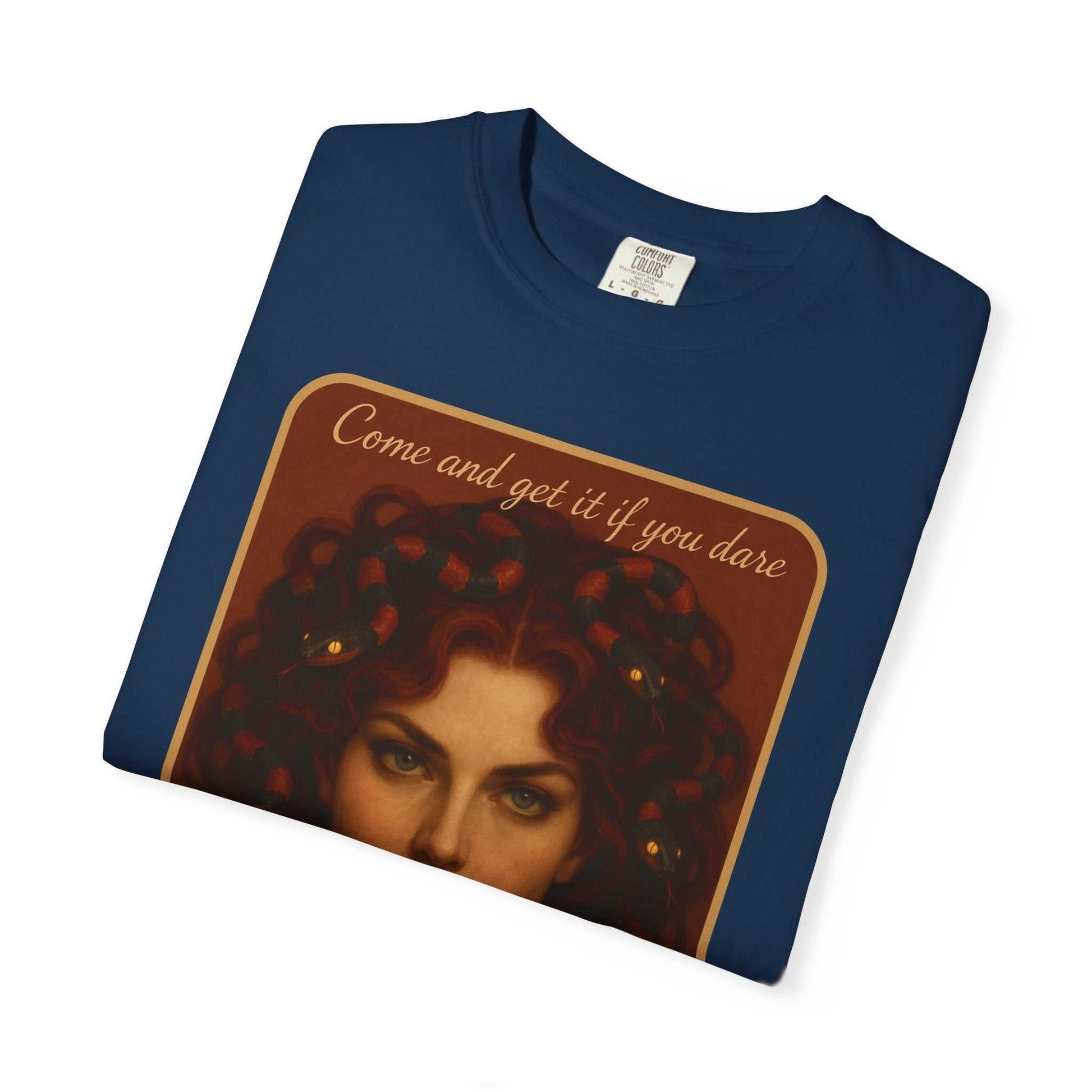 Comfort Colors Medusa Graphic T-Shirt with "Come and Get It" design, navy blue, 100% ring-spun cotton, durable and soft tee