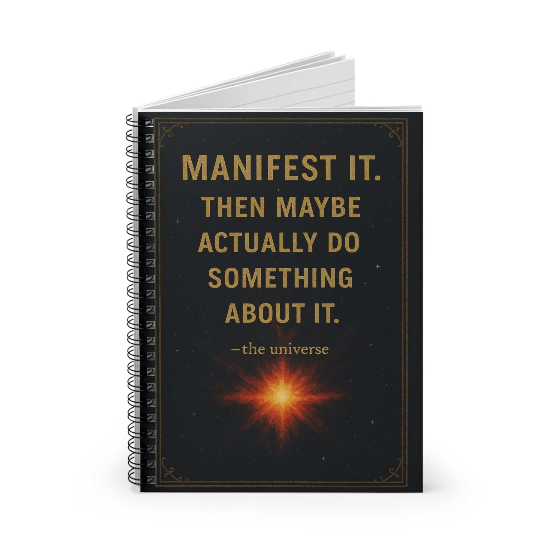 Manifest It Spiral Notebook with gold lettering and motivational quote on matte black cover, spiral bound journal for productivity and planning