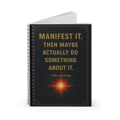 Manifest It Spiral Notebook with gold lettering and motivational quote on matte black cover, spiral bound journal for productivity and planning