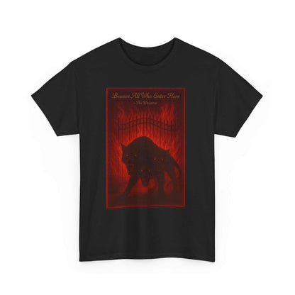 Black unisex heavy cotton t-shirt featuring red Cerberus Guard mythical creature design and warning text.