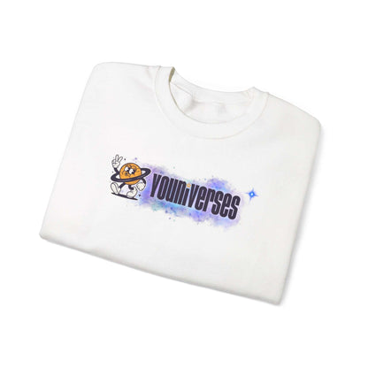 White crewneck sweatshirt with Youniverses space logo and retro astronaut graphic