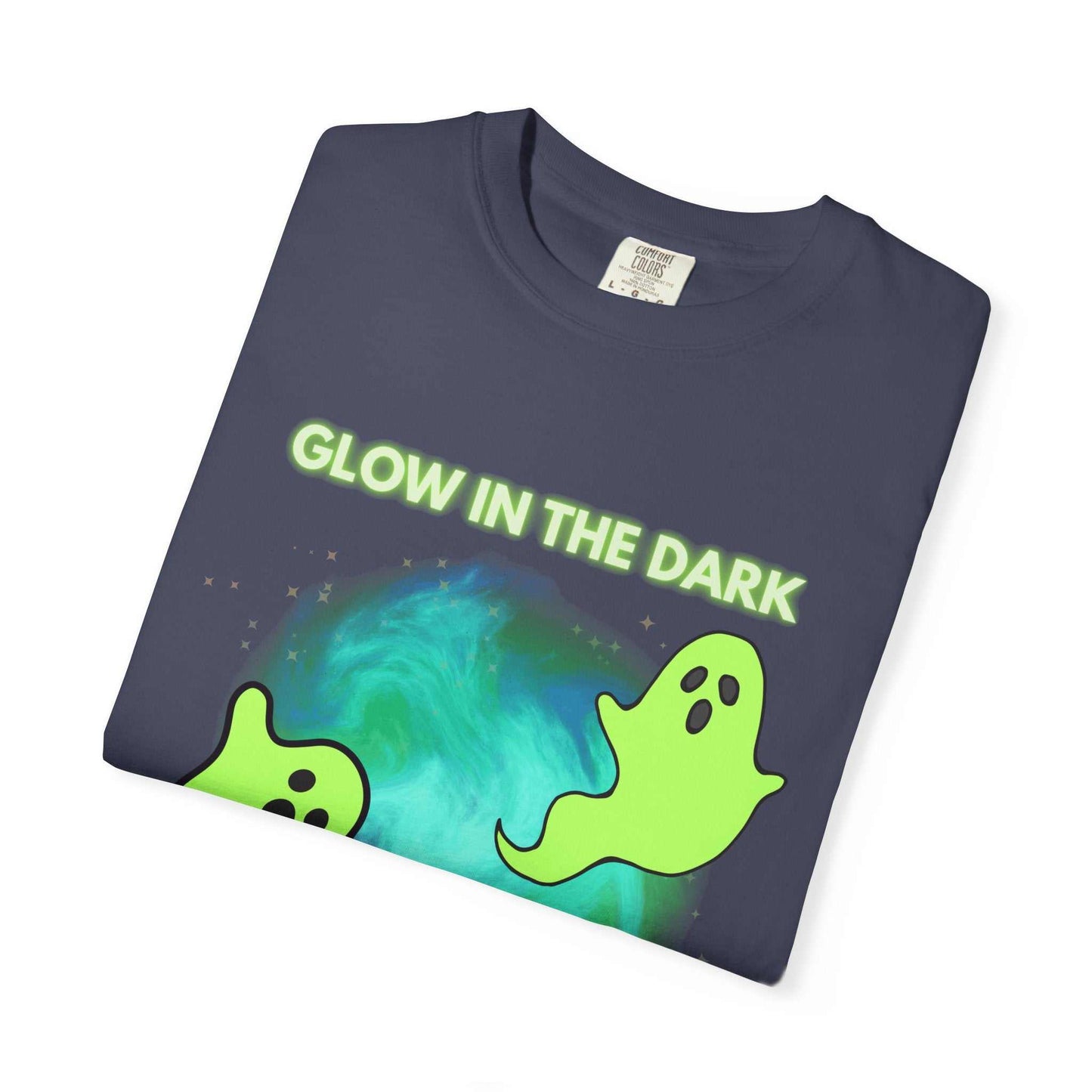 A dark blue t-shirt with a glow-in-the-dark ghost and planet design.