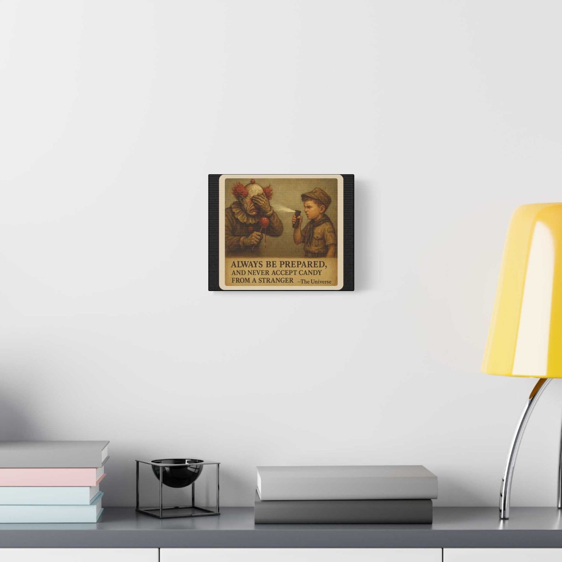 Wall art with vintage illustration of boy using pepper spray on clown, above modern desk with books and yellow lamp