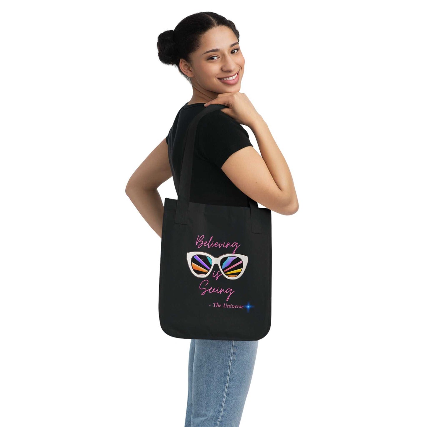 Tote Bag — "Believing is Seeing" Sunglasses Graphic Organic Canvas Tote
