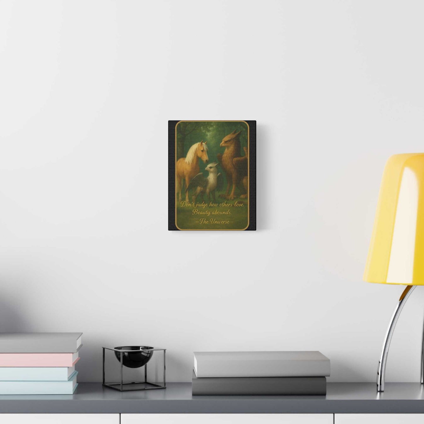 Decorative wall art with animals and inspirational quote above modern desk, Youniverses home decor