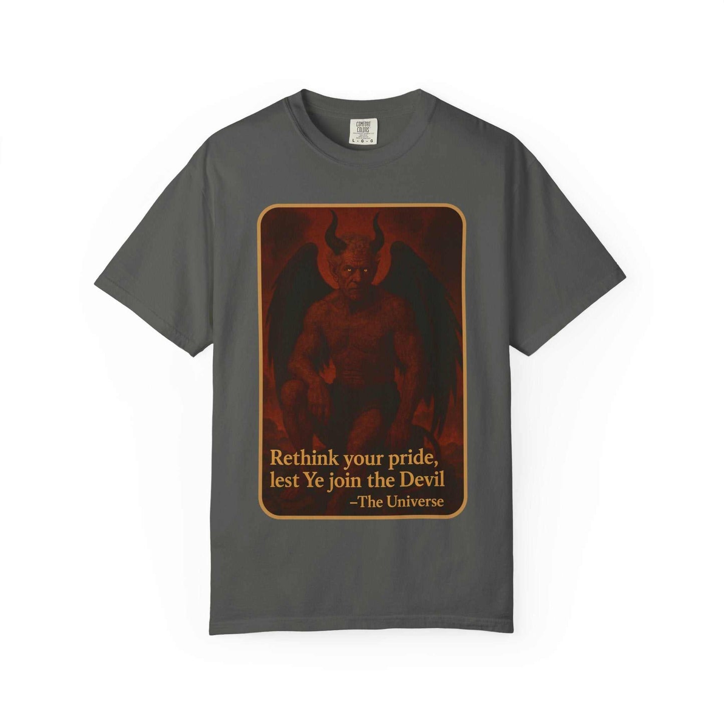 Devil Rethink Your Pride unisex garment-dyed cotton t-shirt with vintage devil graphic and edgy statement text