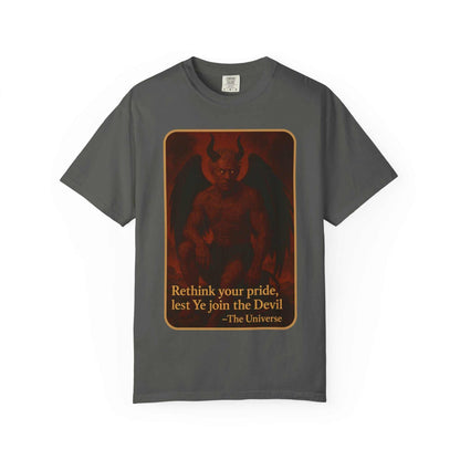 Devil Rethink Your Pride unisex garment-dyed cotton t-shirt with vintage devil graphic and edgy statement text