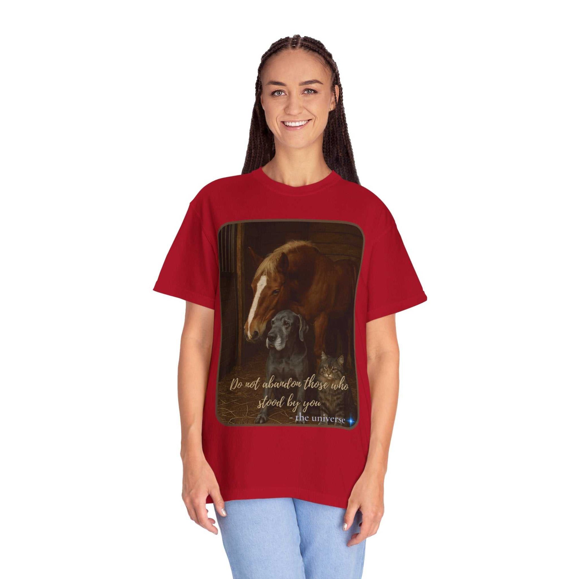 Woman wearing red Comfort Colors 1717 Animal Rescue T-Shirt with horse and dog image and "Do Not Abandon Those Who Stood By You" text