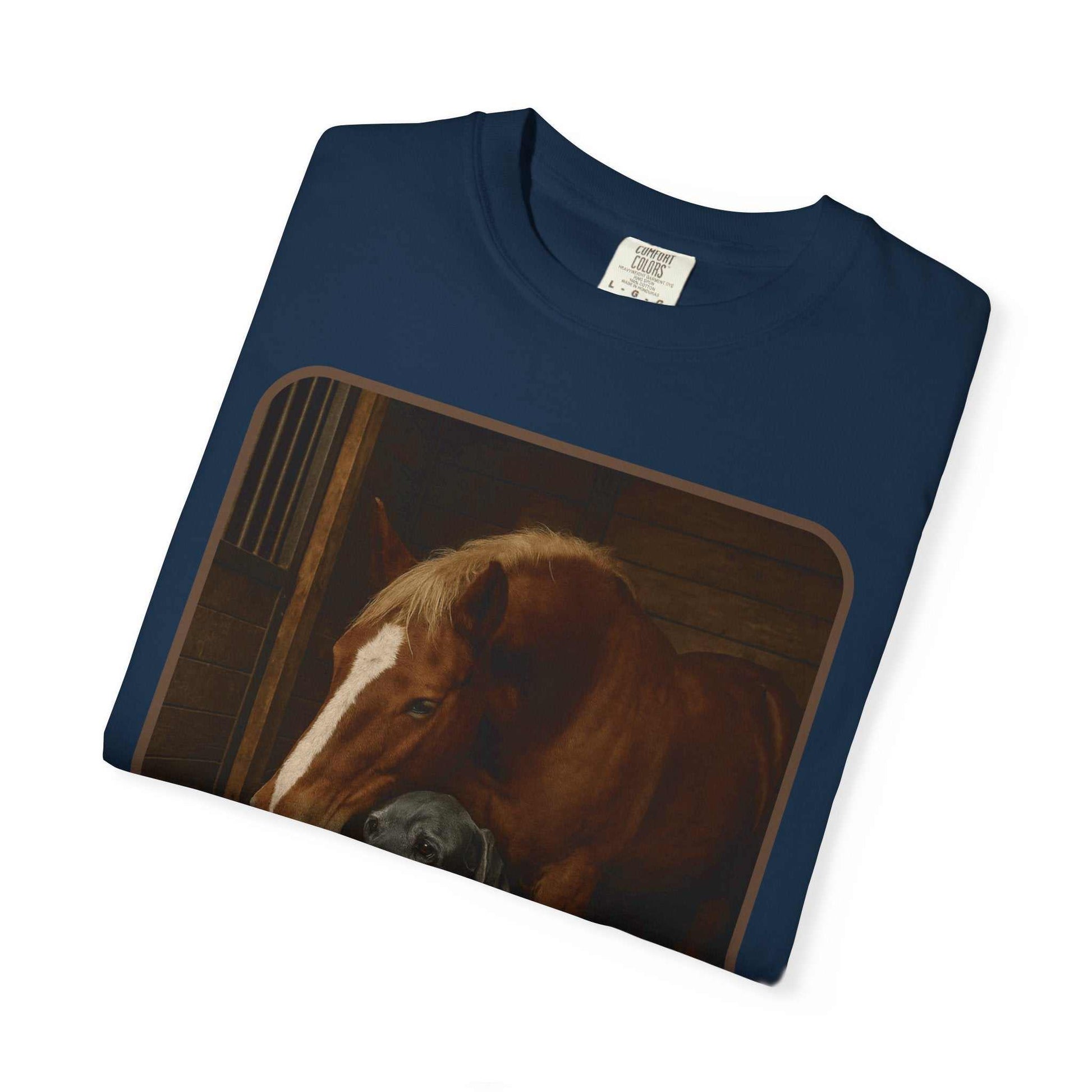 Comfort Colors 1717 navy Animal Rescue T-Shirt with horse and dog design