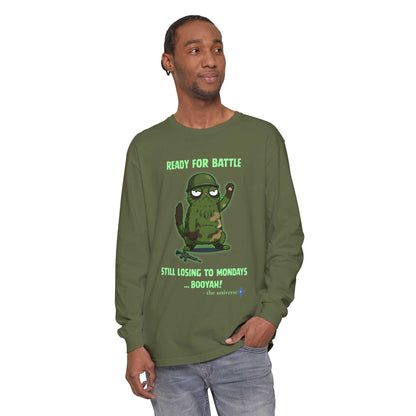Man wearing olive green Comfort Colors long sleeve tee with "Ready for Battle" cactus graphic and humorous Monday quote