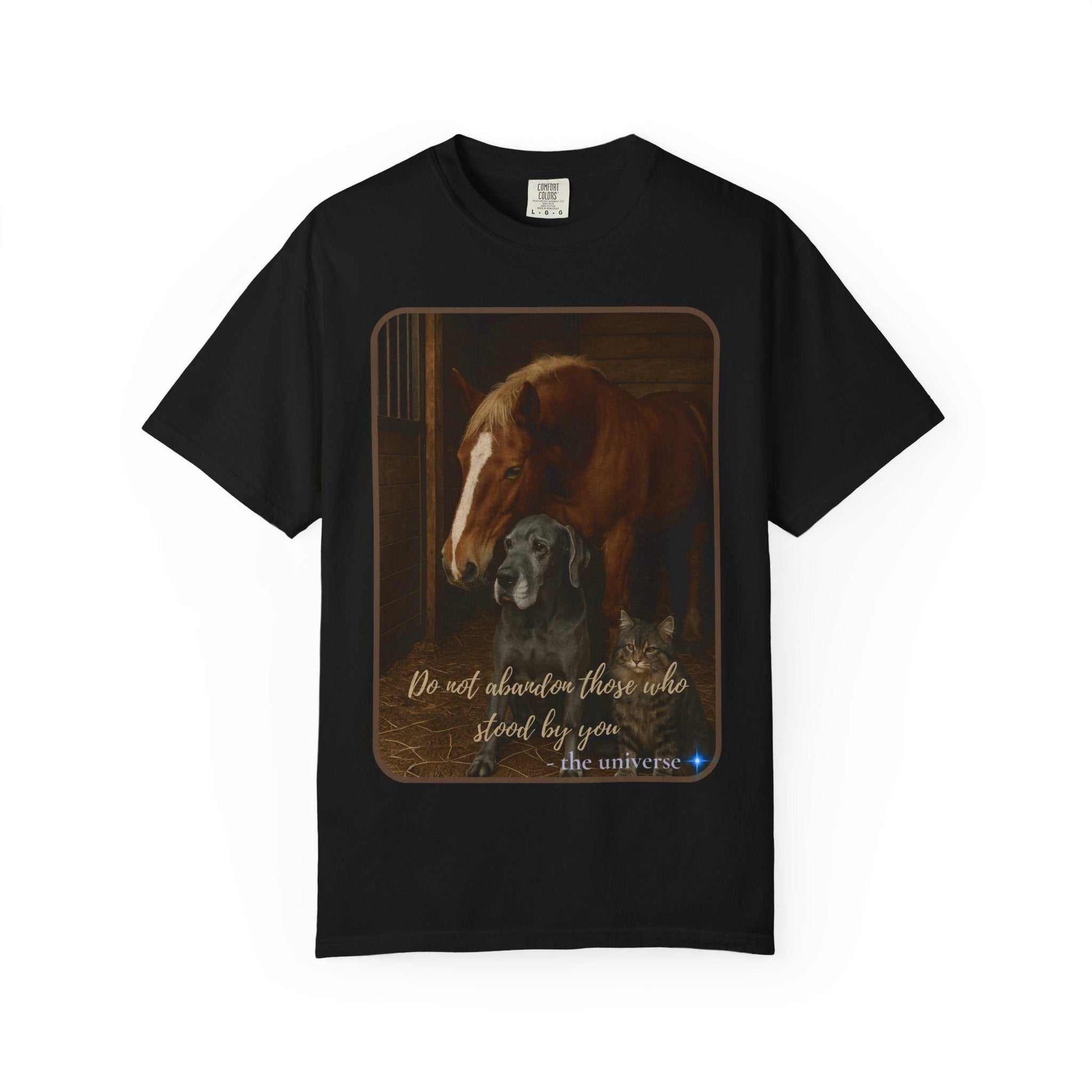 Black Comfort Colors 1717 Animal Rescue T-Shirt with horse, dog, and cat illustration and "Do Not Abandon Those Who Stood By You" text