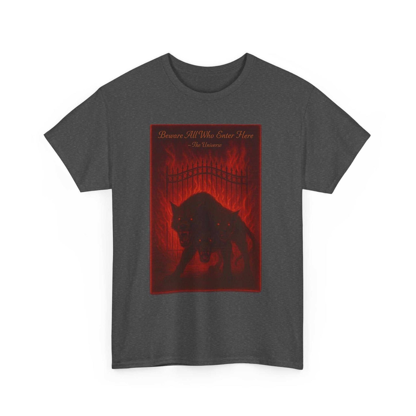 Cerberus Guard unisex heavy cotton t-shirt with dark mythical three-headed hound design and fiery background