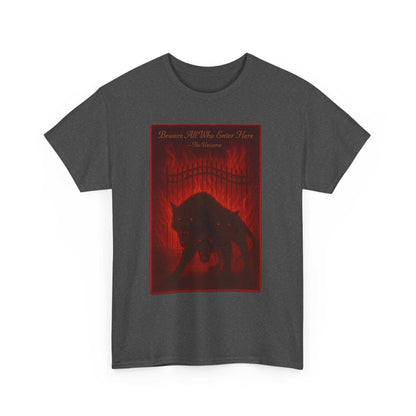 Cerberus Guard unisex heavy cotton t-shirt with dark mythical three-headed hound design and fiery background
