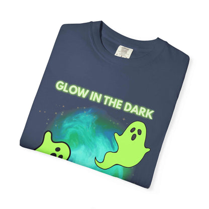 Navy t-shirt with glow-in-the-dark ghosts and text.