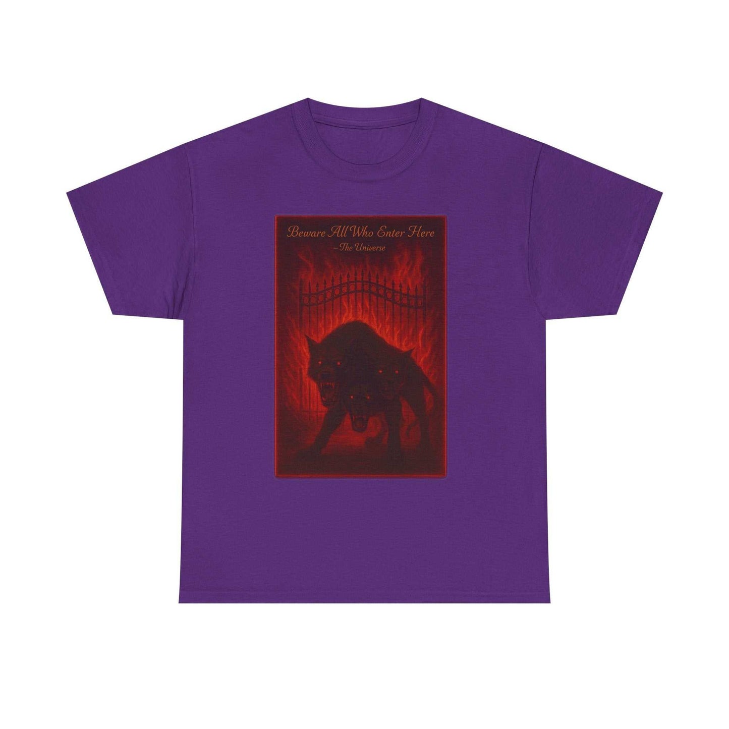 Purple Cerberus Guard heavy cotton t-shirt with dark mythical three-headed hound design
