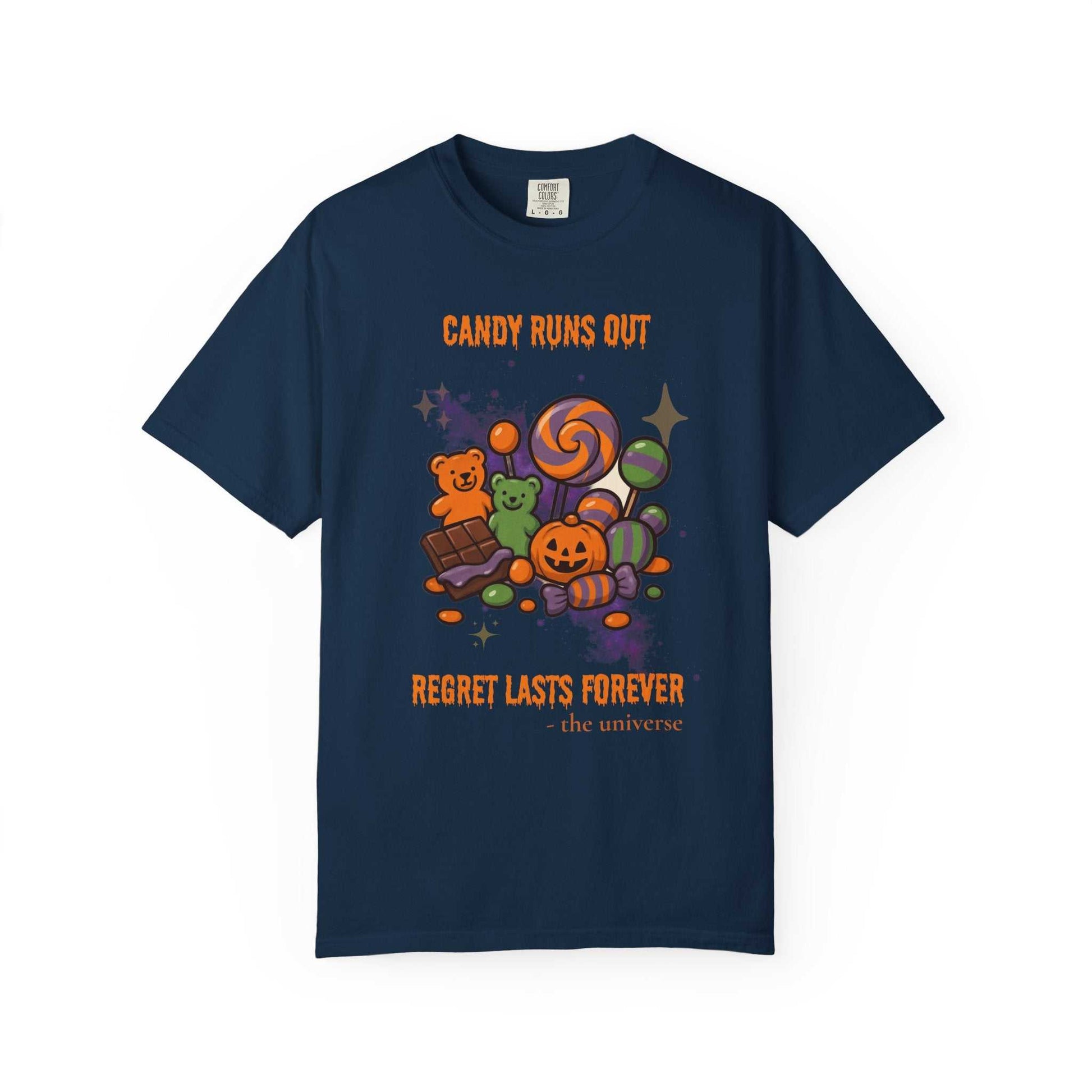 A navy t-shirt with a Halloween candy graphic and text.