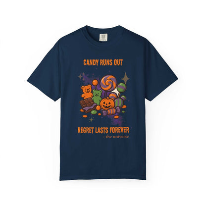 A navy t-shirt with a Halloween candy graphic and text.