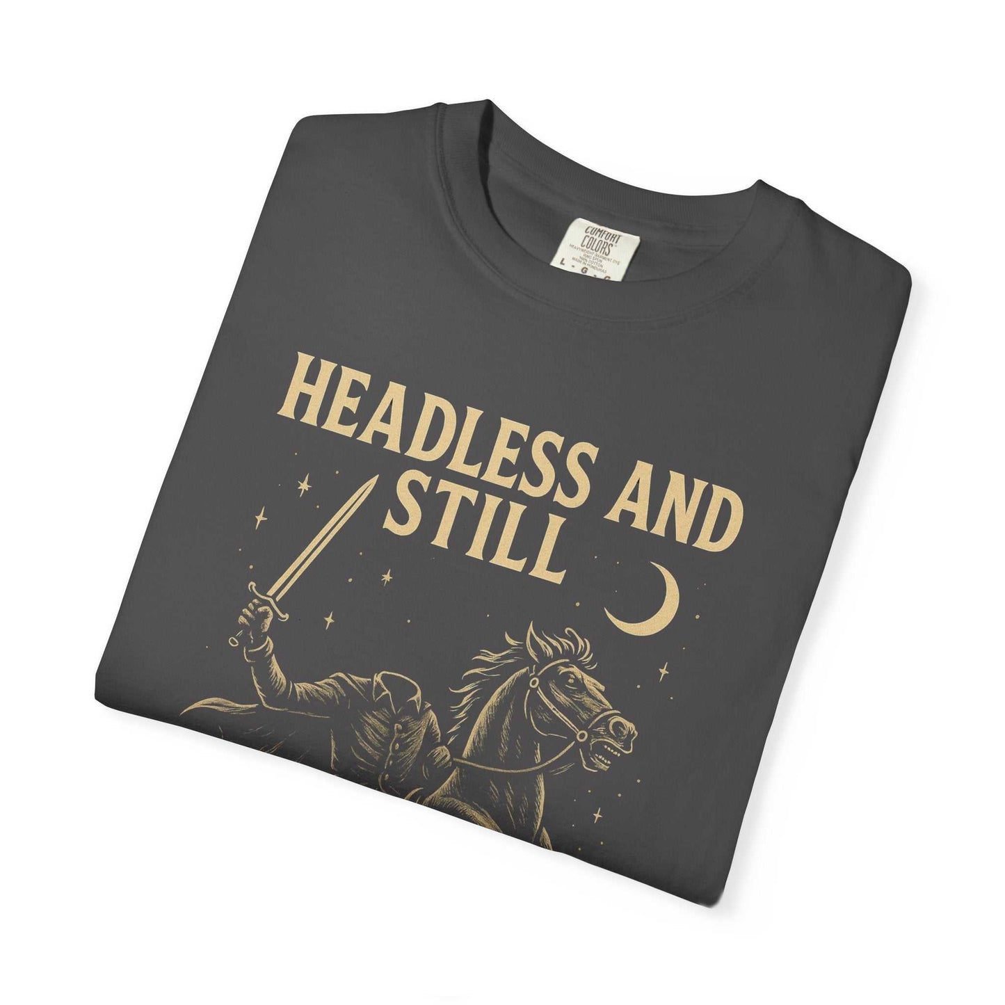 Folded charcoal gray Headless Horseman shirt with vintage-style graphic and motivational Halloween text