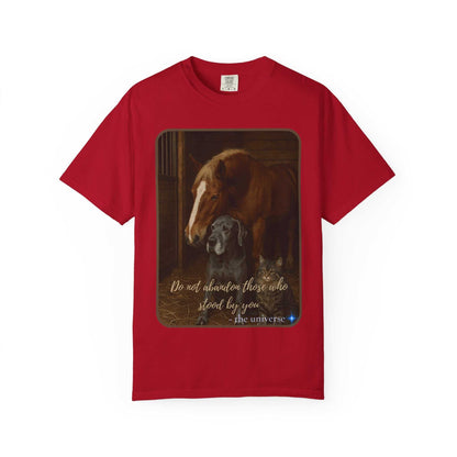 Red Comfort Colors 1717 Animal Rescue T-Shirt featuring a horse, dog, and cat with the text "Do not abandon those who stood by you"