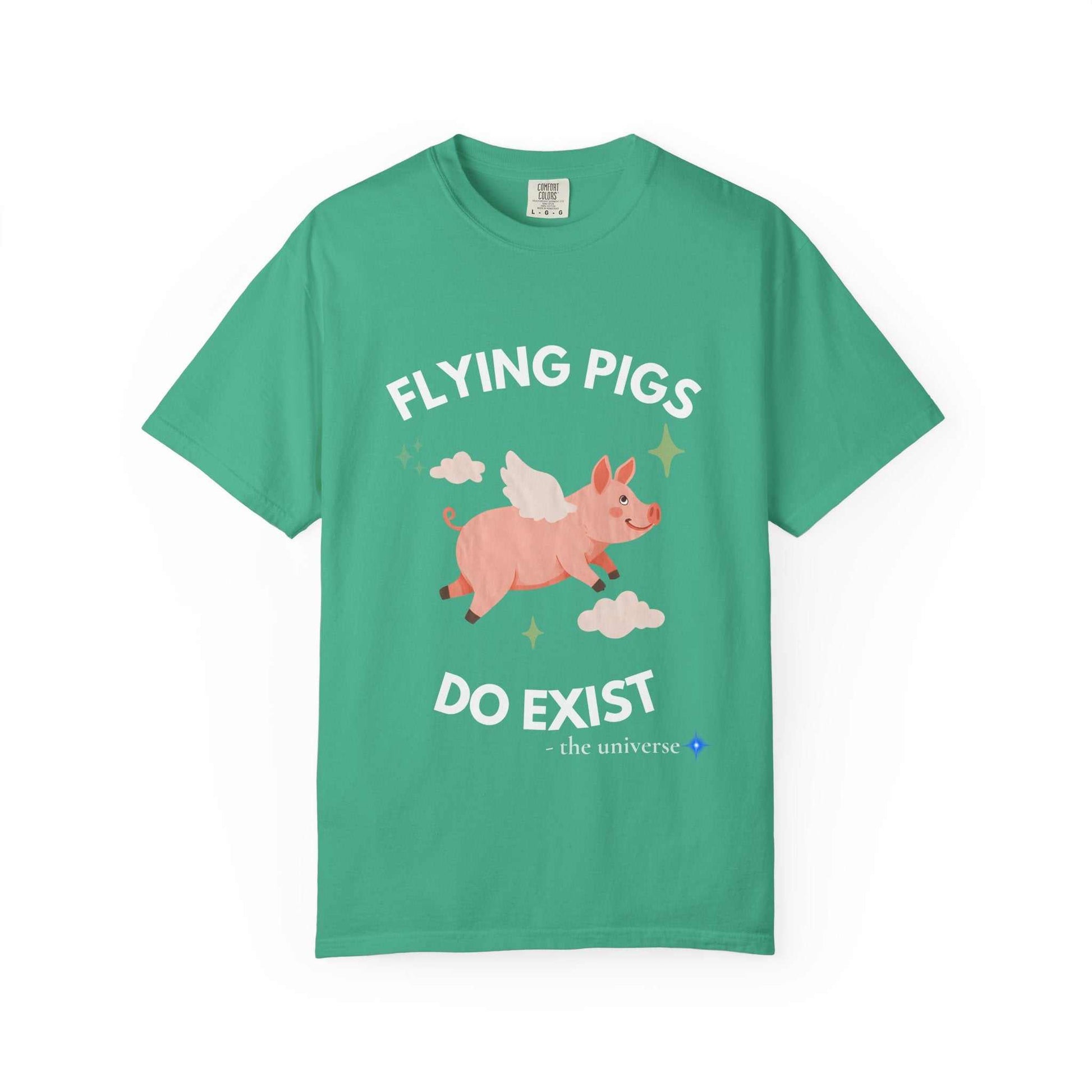 A green t-shirt with a graphic of a flying pig and the text "Flying Pigs Do Exist".
