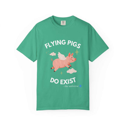 A green t-shirt with a graphic of a flying pig and the text "Flying Pigs Do Exist".