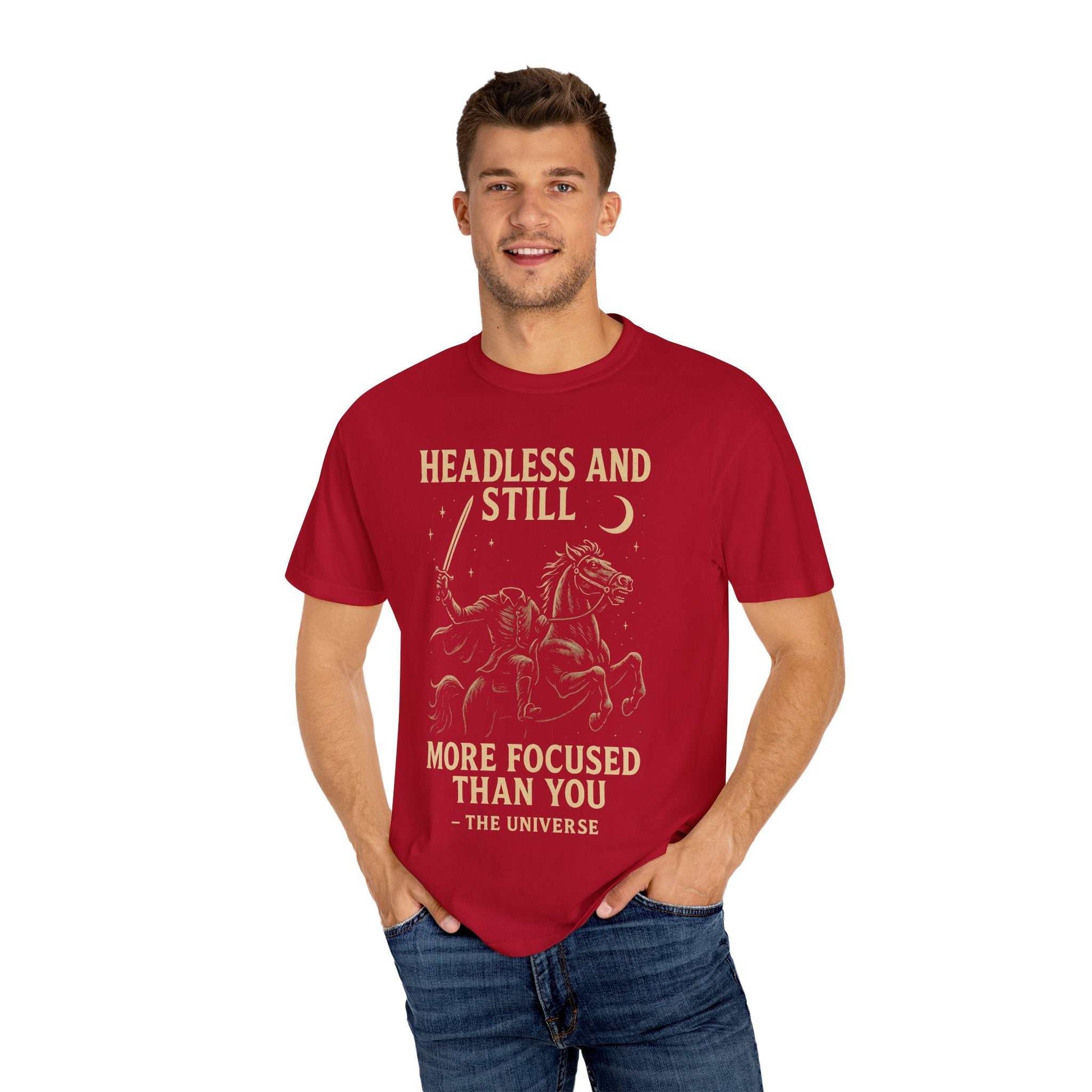 Red Headless Horseman shirt with motivational Halloween design worn by a smiling man