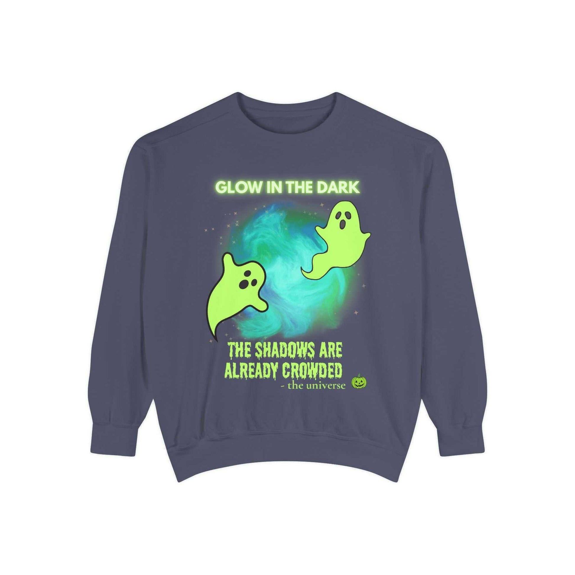 A dark blue sweatshirt with a glow-in-the-dark design of two ghosts and text.