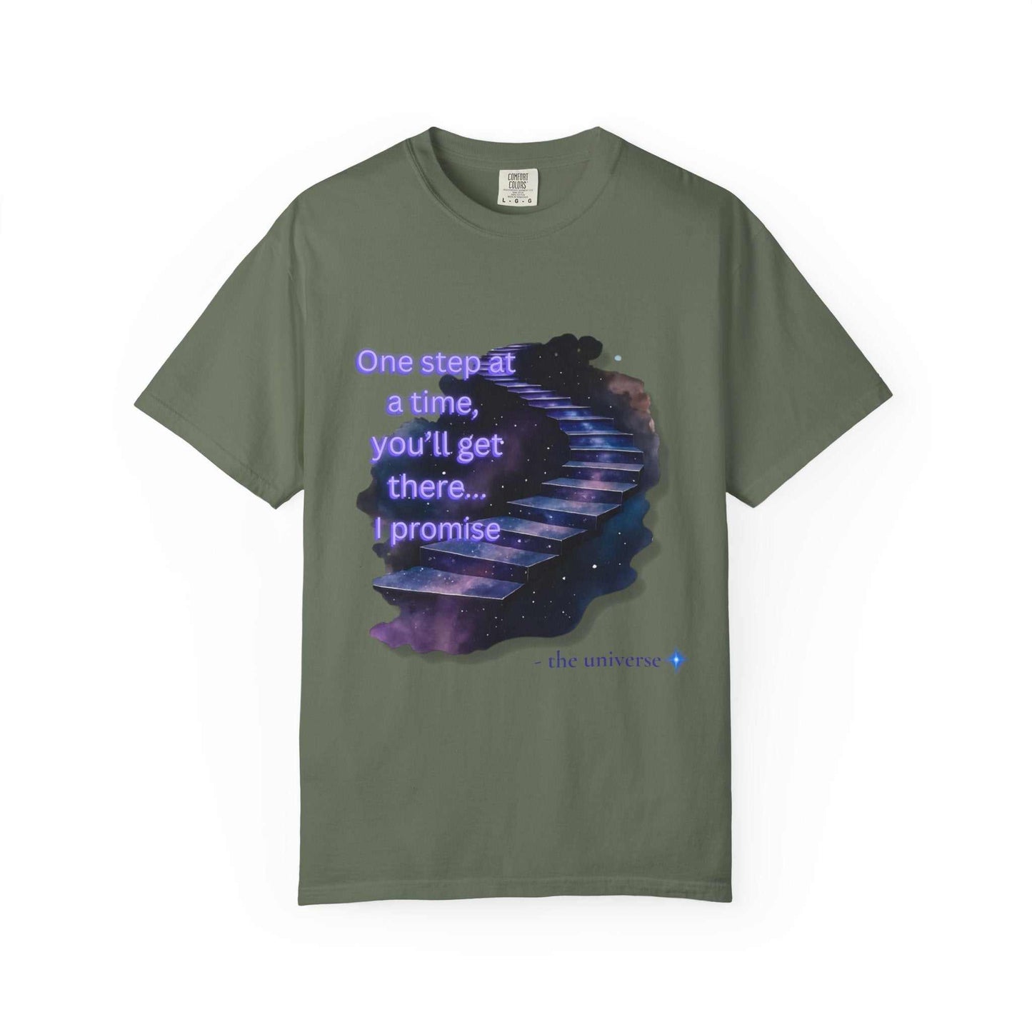 Comfort Colors Motivational Stairway T-Shirt with starry staircase print and inspirational quote on olive green garment-dyed cotton tee