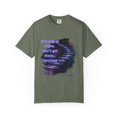 Comfort Colors Motivational Stairway T-Shirt with starry staircase print and inspirational quote on olive green garment-dyed cotton tee