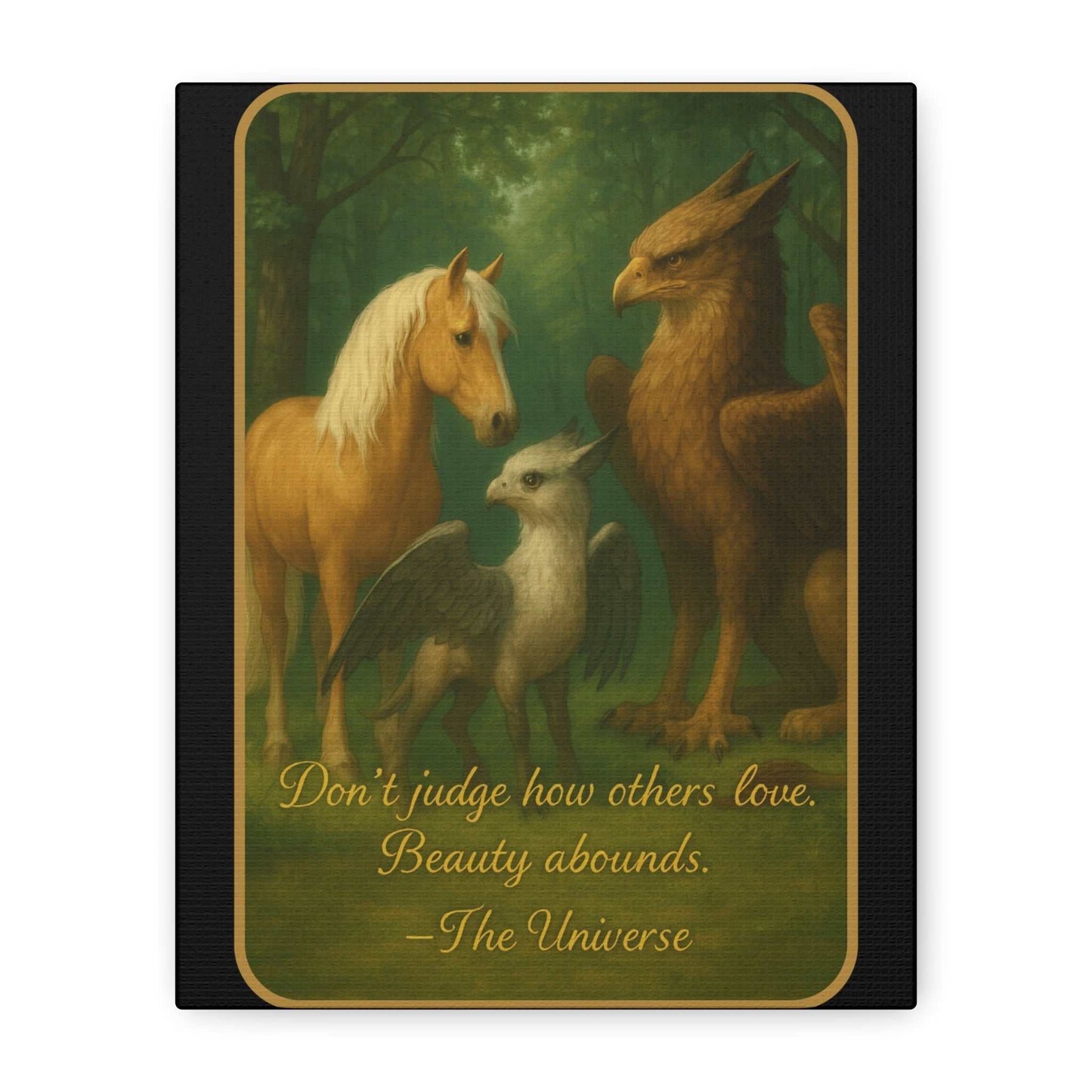 Horse, griffin, and baby griffin in a forest with inspirational quote on Youniverses art.