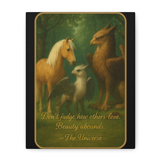 Horse, griffin, and baby griffin in a forest with inspirational quote on Youniverses art.