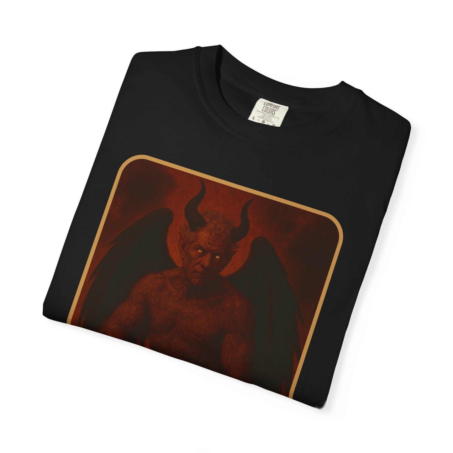 Devil Rethink Your Pride unisex black garment-dyed cotton t-shirt with vintage devil graphic design