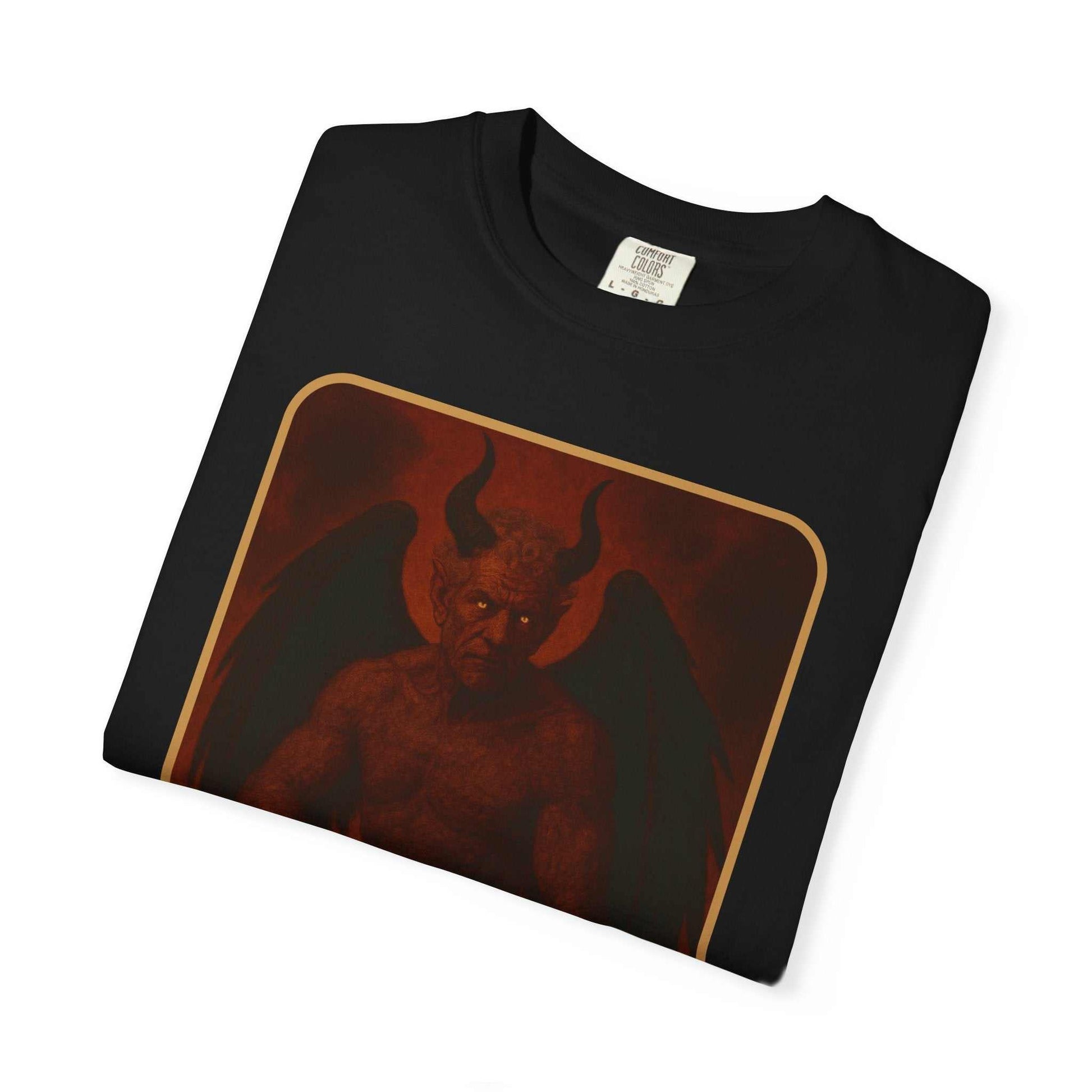 Devil Rethink Your Pride unisex black garment-dyed cotton t-shirt with vintage devil graphic design