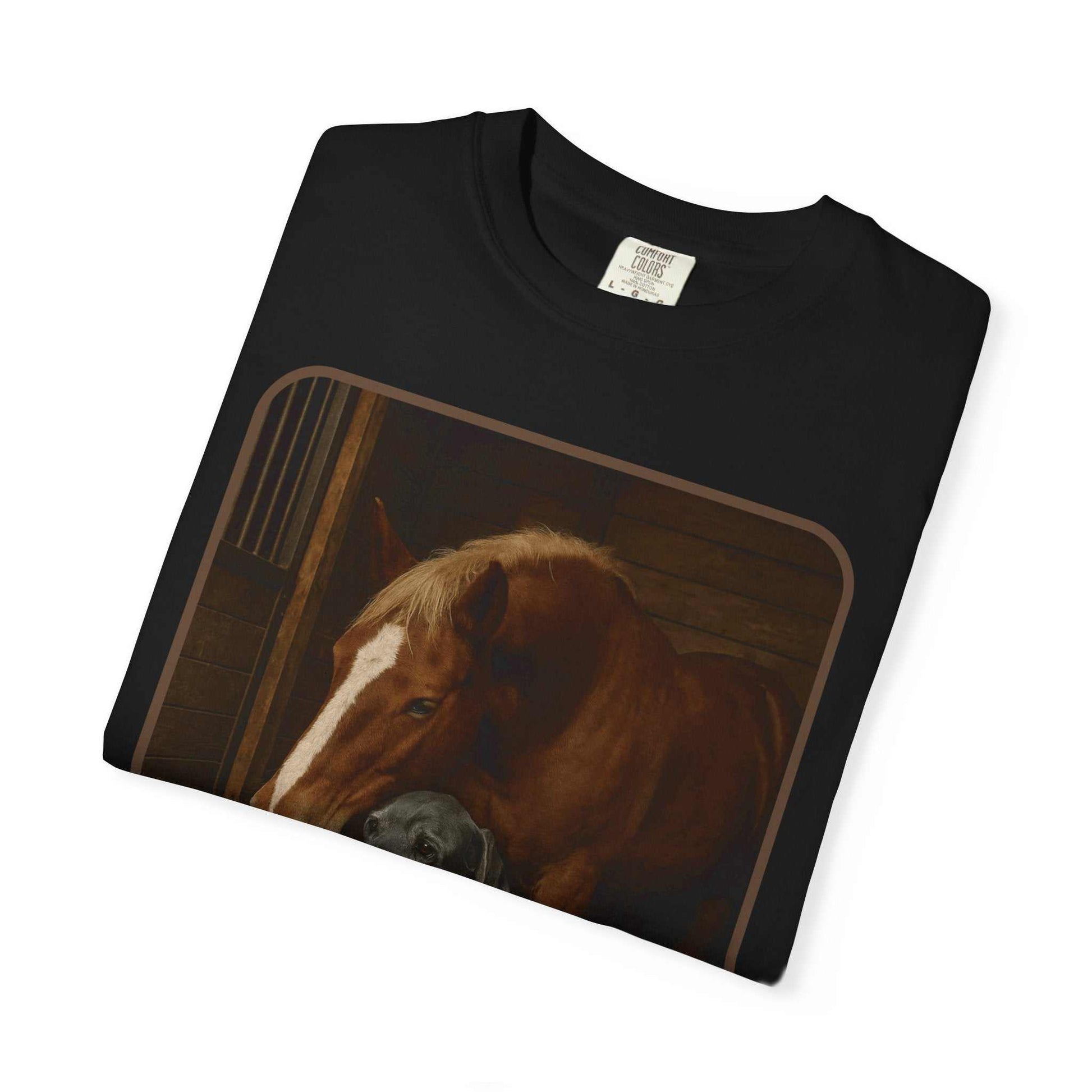 Comfort Colors 1717 black Animal Rescue T-Shirt with horse, dog, and cat design supporting animal welfare