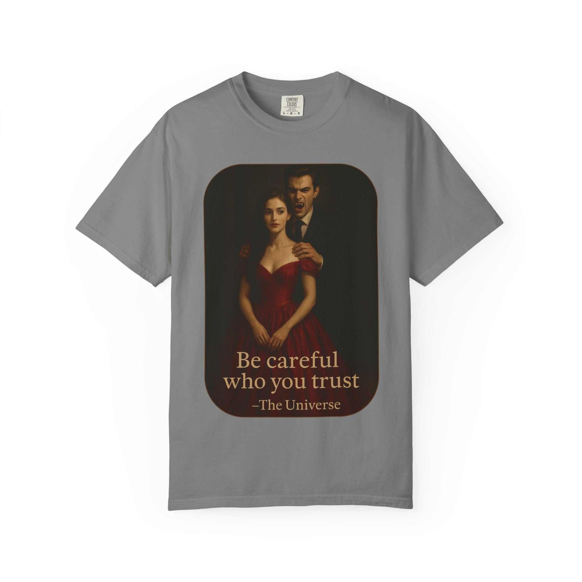 Unisex gray vampire graphic t-shirt with gothic horror design and "Be careful who you trust" text