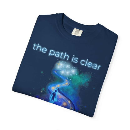 Comfort Colors Spiritual Path Graphic T-Shirt with cosmic design and inspirational text on navy garment dyed cotton tee