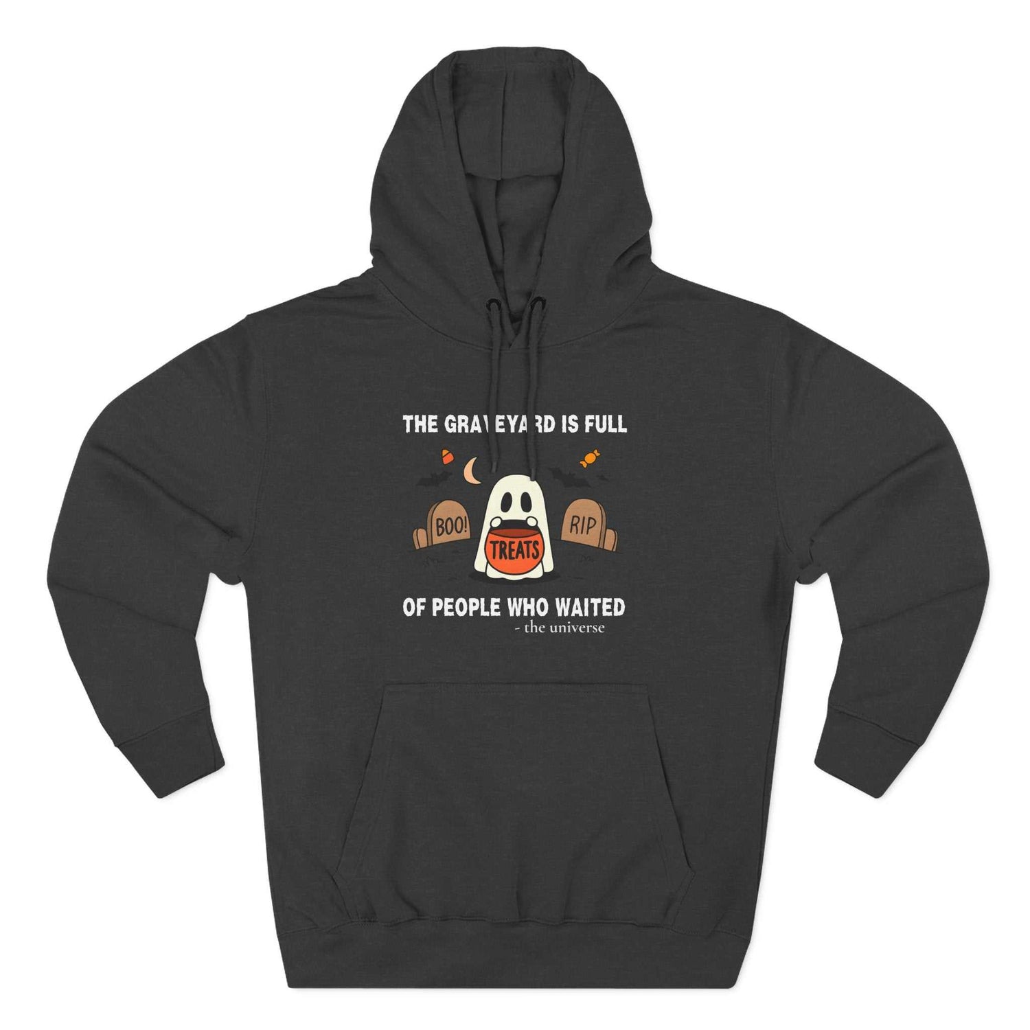 Unisex black spooky Halloween fleece hoodie with ghost and graveyard design and kangaroo pocket