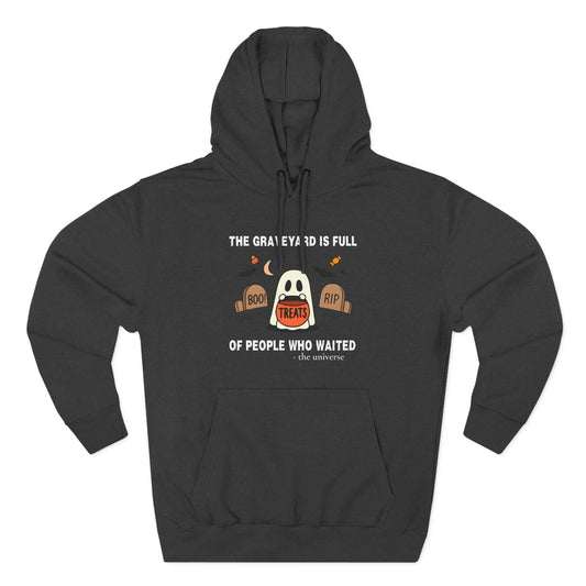 Unisex black spooky Halloween fleece hoodie with ghost and graveyard design and kangaroo pocket